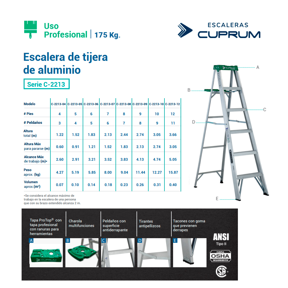 Escalera de tijera aluminio tipo III C-2312-04N Cuprum Altura 4 pies(1.22m)  Capacidad de carga 150Kg