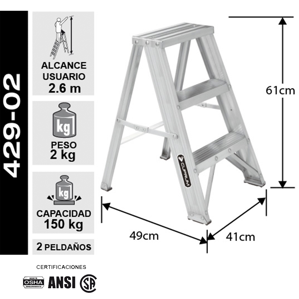 ESCALERA TABURETE ACERO 2 PELDAÑOS TECNOPLUS