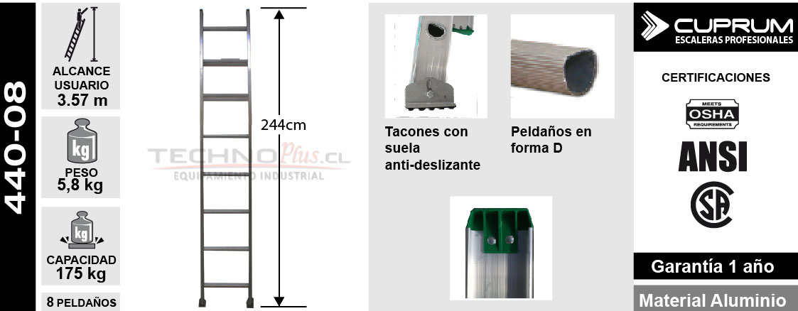 ESCALERA ALUMINIO RECTA SIMPLE 2.44 MTS. 8 PELDAÑOS