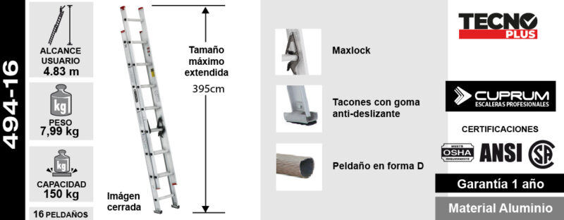 ESCALERA TELESCOPICA DE ALUMINIO 16 PELDAÑOS CUPRUM